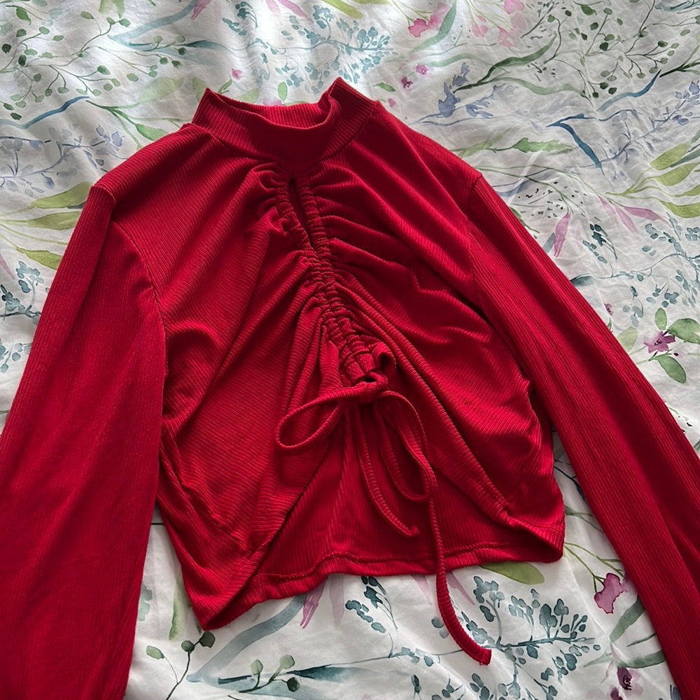 Fashion Nova Red Ruched Long Sleeve Top